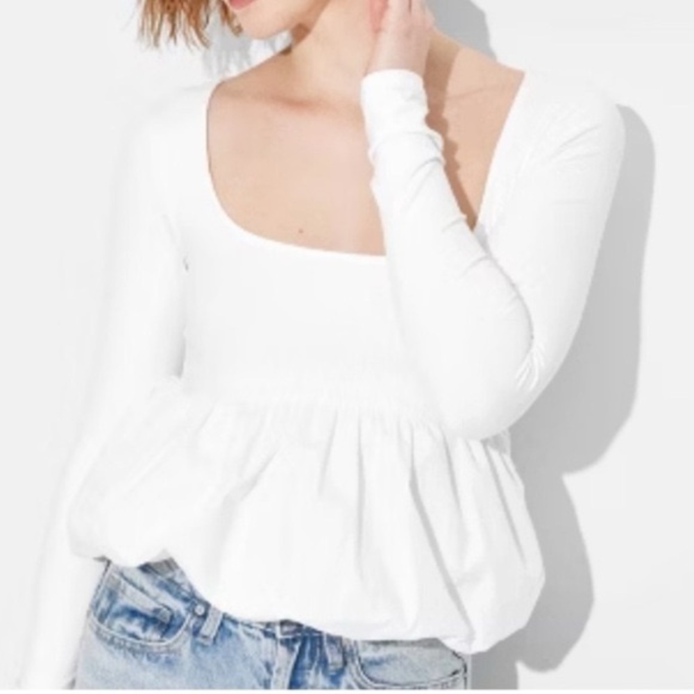 Wild Fable White Long Sleeve Bubble Hem Peplum Top XS NWT